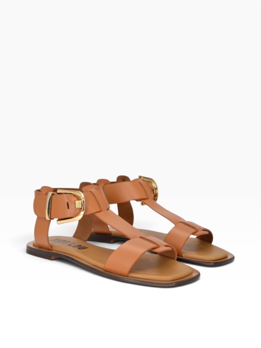 Bibi Lou Brown Leather Flat T-Strap Ankle Buckle Sandals Square Toe Size 37